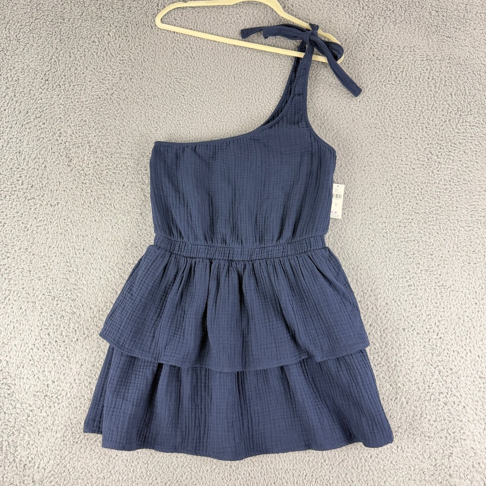 Sol Angeles One Shoulder Dress Women's Medium Navy Blue Tiered Cotton Gauze NWT